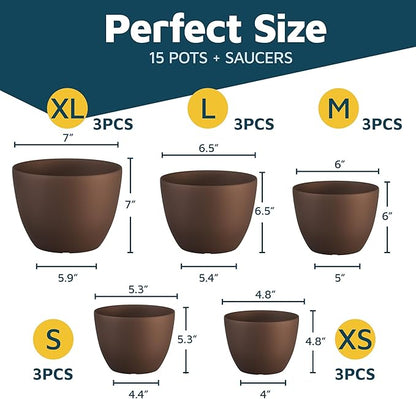 Brown Plant Pots with Drainage Holes & Saucers 15 Pack, Indoor & Outdoor Stackable Space-Saving Planters for Houseplants & Flowers, (7", 6.7", 6", 5.3", and 4.8" Inches), Durable & Weatherproof