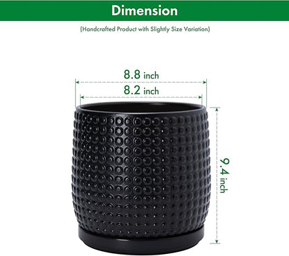 D'vine Dev 8 Inch Ceramic Beaded Stoneware Planter Pot - Flower Pot with Drainage Holes and Saucers for Indoor Succulent Plants or Flowers, Ebony Matte, 27-C-Q-6