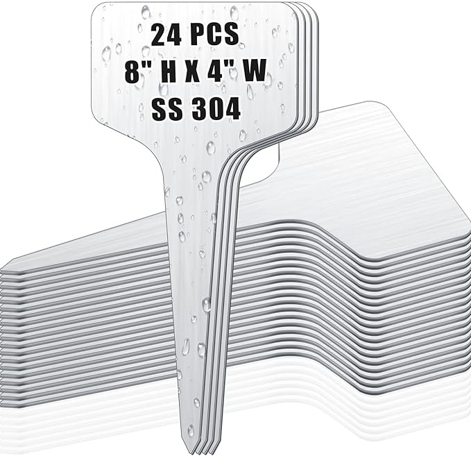 Hicarer 24 Pcs Metal Plant Labels Weatherproof Garden Markers 4" x 8" Engraving Stainless Steel 304 T-Type Plant Tags Reusable Nursery Tags for Outdoor Garden Greenhouse Vegetables Herb Flower Seed