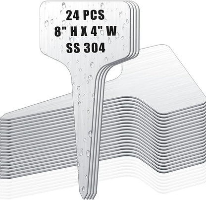 Hicarer 24 Pcs Metal Plant Labels Weatherproof Garden Markers 4" x 8" Engraving Stainless Steel 304 T-Type Plant Tags Reusable Nursery Tags for Outdoor Garden Greenhouse Vegetables Herb Flower Seed