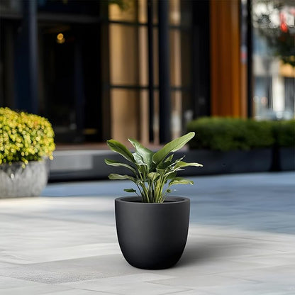 Kante Round Concrete Planter, Large Outdoor Indoor Garden Pots with Drainage Hole, 14-Inch Diameter Flower Pots for Patio, Garden and Home, Black