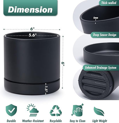 Phoenix Vine 6 Inch Planter Pot with Drainage Hole & Saucer, Deep Water Catch Tray, Straight Cylindrical Round Pot for Plants, Matte Black, Pack of 4, 23-C-S-4