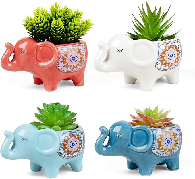 Elephant Planter Cartoon Succulent Pots with Drainage 5.31 Inch Animal Planter Cute Plant Pots Succulent Planter Container Ceramic Flower Pots Perfect for Home Decor and Gifts, Set of 4