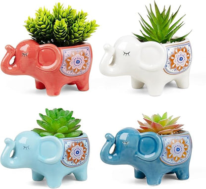 Elephant Planter Cartoon Succulent Pots with Drainage 5.31 Inch Animal Planter Cute Plant Pots Succulent Planter Container Ceramic Flower Pots Perfect for Home Decor and Gifts, Set of 4