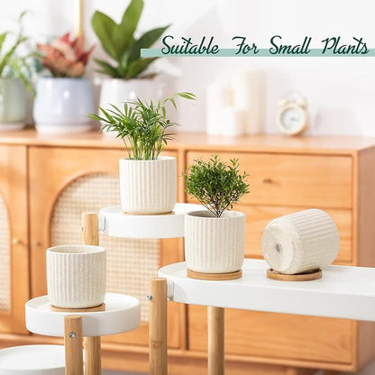 TAMAYKIM 4 Inch Ceramic Plant Pots with Drainage Holes, Modern Vertical Pattern Flower Planter with Saucer for Indoor Plants, Succulent, Cactus & Herbs, Beige, Set of 4 (Plants Not Included)