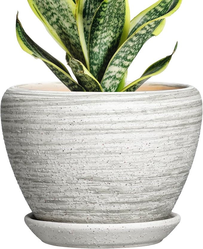 6 Inch Flower Pots - Ceramic Planters for Indoor Outdoor Plants, Ceramic Plant Pots with Drainage Hole and Saucer, Modern Round Plant Pot, Desk Decor, Gifts for Gardener, Textured Grey