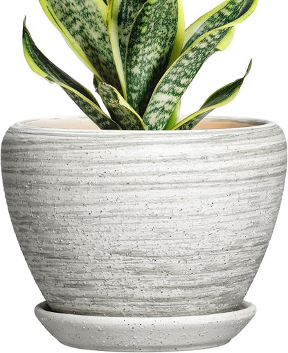 6 Inch Flower Pots - Ceramic Planters for Indoor Outdoor Plants, Ceramic Plant Pots with Drainage Hole and Saucer, Modern Round Plant Pot, Desk Decor, Gifts for Gardener, Textured Grey