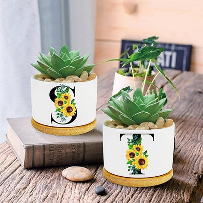 Sunflower Succulent Plant Pots 3 Inch Ceramic Cactus Flower Pots Personalized Initials S Sunflower Gifts for Women Mom Sister,Birthday Housewarming,Wedding,Window Garden Desk Decor