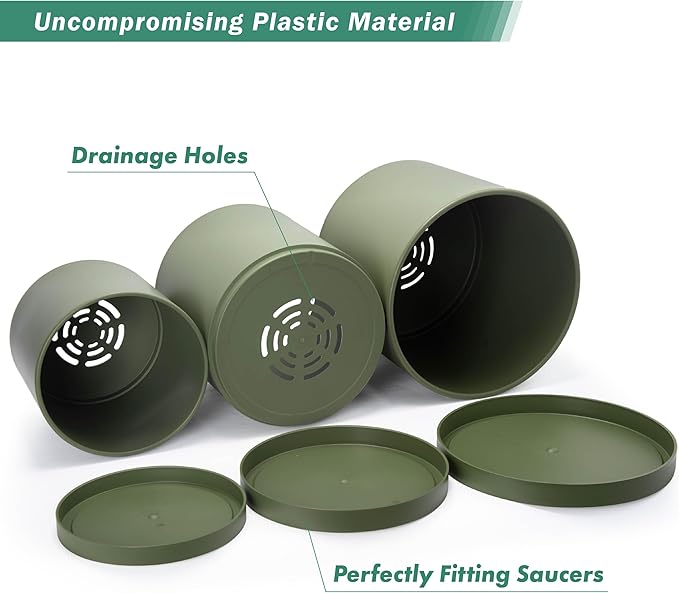 D'vine Dev 6.5 Inch 8 Inch 10 Inch, Set of 3 Plastic Planter Pots for Plants with Drainage Hole and Seamless Saucer, Olive, Large, 74-V-I-4