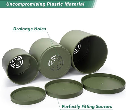 D'vine Dev 10 Inch 12 Inch 14 Inch, Set of 3 Plastic Planter Pots for Plants with Drainage Hole and Seamless Saucers, Olive, XX-Large, 74-V-I-6