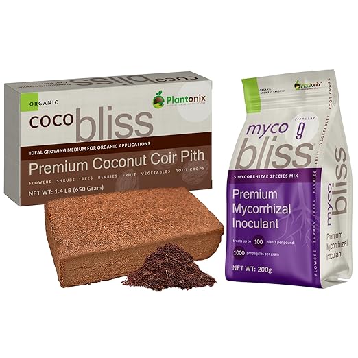 Coco Coir Brick (650gms) + Myco Bliss Granular (200 g) - Organic Coco Coir for Plants & Mycorrhizae for Plants - Mycorrhizal Fungi Inoculant - Coconut Coir for Gardening - Garden Soil Potting Soil Mix