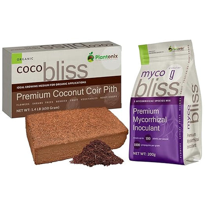 Coco Coir Brick (650gms) + Myco Bliss Granular (200 g) - Organic Coco Coir for Plants & Mycorrhizae for Plants - Mycorrhizal Fungi Inoculant - Coconut Coir for Gardening - Garden Soil Potting Soil Mix