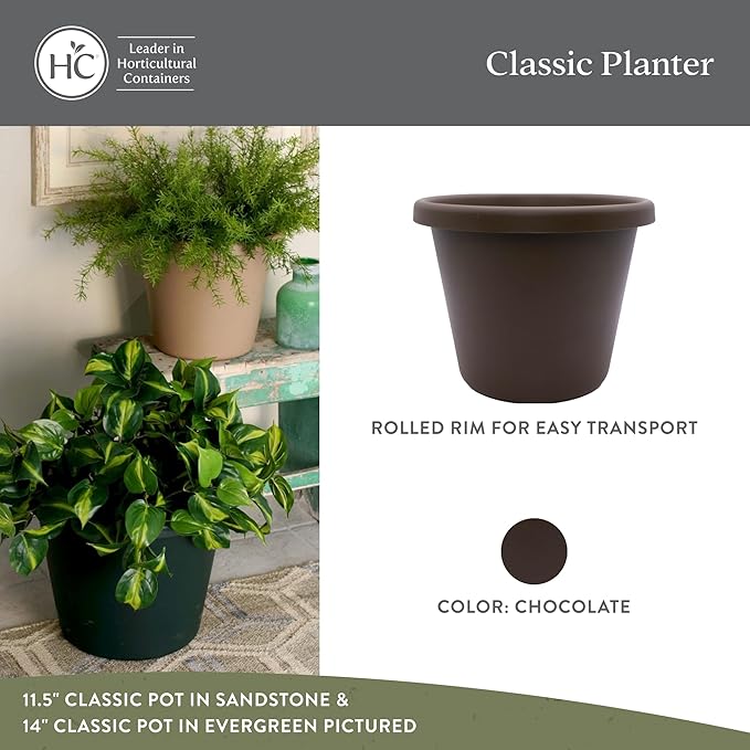 The HC Companies 17 Inch Classic Round Planter Pots with Drainage, Rolled Rim Plastic Planters for Indoor & Outdoor Plants, 2-Pack Decorative Flower Pots for Garden, Office & Home Decor, Chocolate