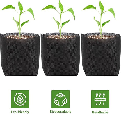 GREANER 100 PCS Nursery Bags, 6.3x5.7 Inch Biodegradable Seed Starter Pots, Plant Grow Bags for Plant, Tree, Flower, Seedling, Vegetables (Black)