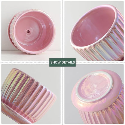 Ton Sin Pink Gold Ceramic Flower Pots, 4"+5"+6" Inch Small Glazed Succulent Planters with Drainage Hole,Modern Indoor Decorative Plant Pots Set of 3,Garden Pots with Saucer