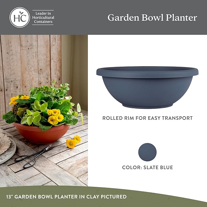 The HC Companies Shallow Planter with Drainage - Contemporary Garden Bowl Planter for Flowers, Herbs & More - Round Succulent Planter Pot for Indoors and Outdoors (13" Slate Blue, Pack of 1)