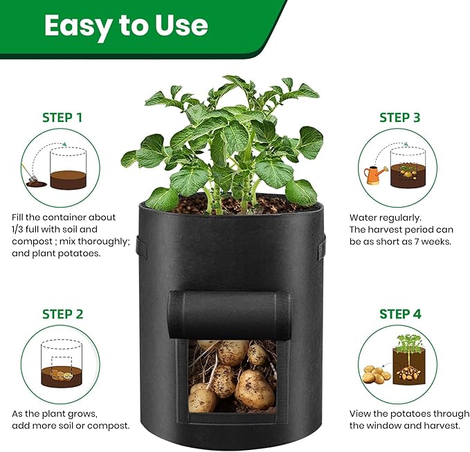 6 Pack Potato Grow Bags, 10 Gallon Planting Bags Large Fabric Pots with Flap Window Vegetable Planter Garden Pot Tall Potato Growing Containers with Handles for Vegetables, Fruits and More, Black