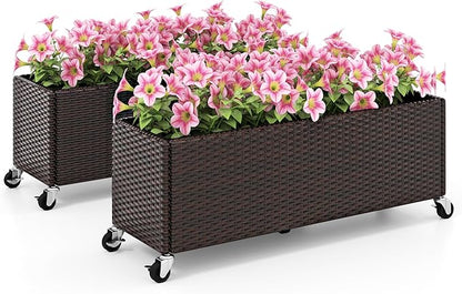 Giantex Set of 2 Wicker Raised Garden Bed with Wheels, 38”x12”x14”, Rectangular Garden Planter Box w/PE Rattan, Liner Fabric, Wicker Patio Elevated Raised Bed for Vegetable Flower Herb Porch Balcony