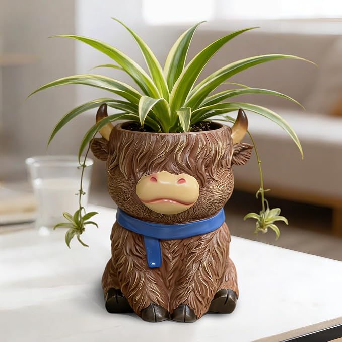 Cute Highland Cow Planter Pot - Shaggy Resin Succulent Pot with Drainage, Aesthetic Scottish Cow Flower Pot for Boho Home Decor, Desk, Patio | Unique Cow Gifts for Women, Mom, Plant Lovers (Brown)