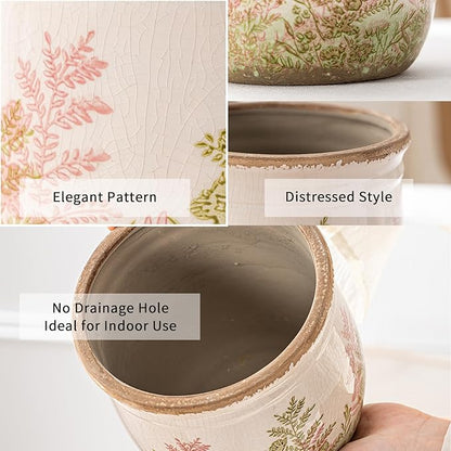 Vintage Pink and Green Ceramic Planter Set of 2, 4.7+5.7 Inch Rustic Flower Pots for Indoor Plants, Decorative Ceramic Plant Pots for Home, Living Room, Garden, Gardening Gift