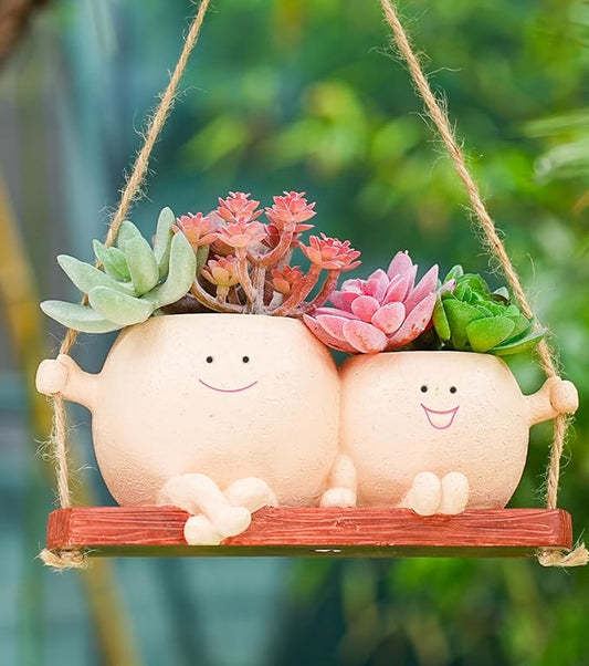 Cute Couple Swing Planter with Smiley Face,Couple Planter,Hanging Swing face Pot,Hanging Plant Pot for Indoor Outdoor Plants, (Khaki)