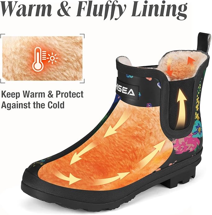 HISEA Women's Plush Rain Boots Waterproof, Chelsea Rubber Booties Women, Ladies Ankle Snow Boots for Winter Spring Garden Outdoor