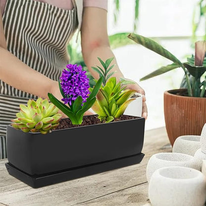 Vencer 14 Inch Rectangular Modern Minimalist Ceramic Succulent Planter Pot - Window Box with Saucer,Office Desktop Potted Stand,Black,VF-0175B