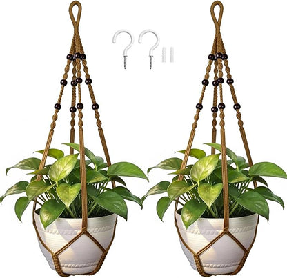 Macrame Plant Hanger, Up to 4-15 inch Pots, Wood Beads Cotton Hanging Planter Holder for Indoor Outdoor Boho Home Decor, 35 Inch, Set of 2 (Brown)
