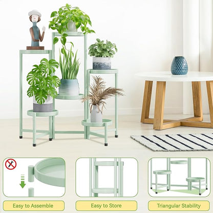 iDavosic.ly Plant Stand Indoor Outdoor, 6 Tier Corner Metal Flower Display Holder Shelf, Easy Assembly Folding Tall Orchid Rack for Patio Balcony Porch Garden Living Room House, Light Green