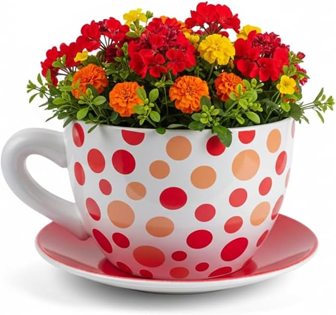 7.5" Round Ceramic Teacup Shape Planter Pot with Saucer for Succulents Orchids Herbs Cactus Indoor Houseplants Flowers for Valentines Day Gift – Orange Polka Dot Planter