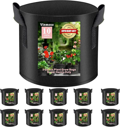 10 Pack 3 Gallon Heavy Duty Thickened Non-Woven Grow Bags with Handles - Black, Modern Style - Indoor & Outdoor Use