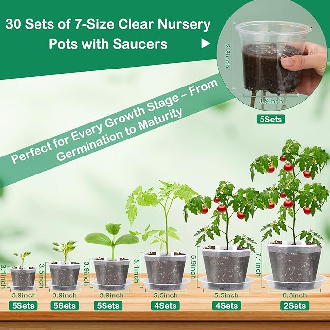 30Pcs Clear Plastic Nursery Pots with Drainage Holes and Saucers, 2.8/3.1/3.5/3.9/5.1/5.9/7.1Inch Seedling Starter Pots with Tool for Indoor Outdoor Gardening Flower, Herb, Succulent Transplanting