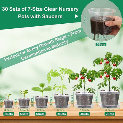 30Pcs Clear Plastic Nursery Pots with Drainage Holes and Saucers, 2.8/3.1/3.5/3.9/5.1/5.9/7.1Inch Seedling Starter Pots with Tool for Indoor Outdoor Gardening Flower, Herb, Succulent Transplanting