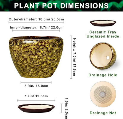 10 Inch Ceramic Pots for Plants - Indoor Plant Pots with Drainage Hole and Saucer, Round Planters for Outdoor Plants, Modern Large Planter, Garden Decor, Gifts for Gardeners, Yellow Leopard