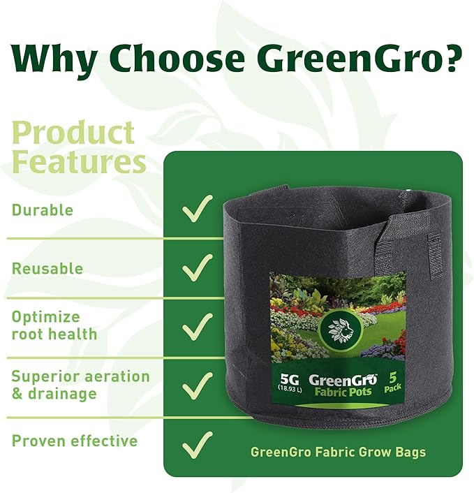 GreenGro 5-Pack 5 Gallon Nonwoven Fabric Grow Bags - Fabric Planting Pots/Great for Vegetables, Herbs, Flowers, Shrubs/Portable for Indoor & Outdoor Plants/Improved Aeration & Drainage