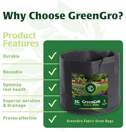 GreenGro 5-Pack 2 Gallon Nonwoven Fabric Grow Bags - Fabric Planting Pots/Great for Vegetables, Herbs, Flowers, Shrubs/Portable for Indoor & Outdoor Plants/Improved Aeration & Drainage