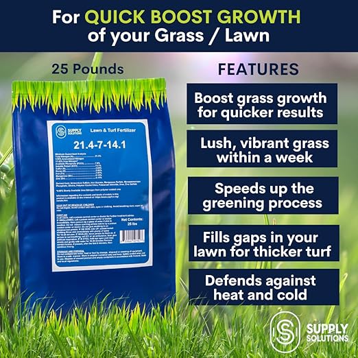 Supply Solutions 21.4-7-14.1 Lawn and Turf Fertilizer with Iron - Achieves a Lush Green Lawn in Weeks - Turf Builder for All Grass Types - for Greener Grass Fertilizer (25lbs)