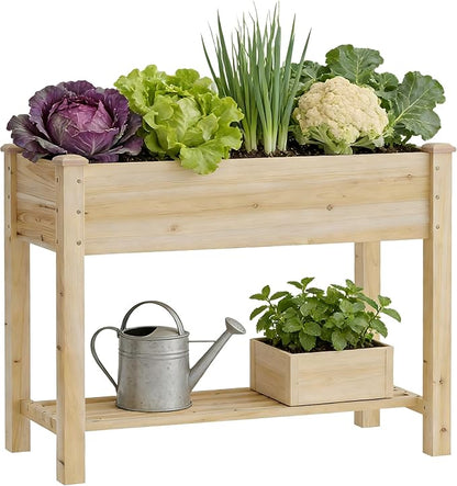 Raised Garden Bed with Legs, Wooden Raised Garden Bed with Storage Shelf, 34x18x30.7in, Elevated Wood Planter Box for Vegetables Flowers Herbs, Garden Planter for Backyard Patio Balcony (Natural, S)