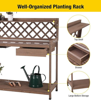 Aivituvin Potting Bench with PVC Layer, Outdoor Gardening Work Bench with Sink & Lid, Wooden Planting Table for Outside with Storage, Drawer, Shelf, Hook