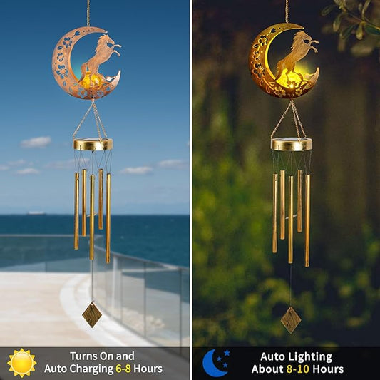 Moon Horsebird Wind Chime Outdoor, Handcrafted Metal Garden Wind Chimes with Horse & Bird Charms, Melodic Wind Bells for Patio Porch Decor, Weatherproof Gift for Equestrian & Nature Lovers