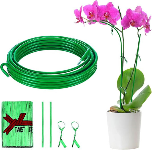 16ft Bendable & Cuttable Plant Stakes, Green Orchid Flower Stem Support Sticks with 800 Ties for Monsteras Money Trees Indoor Potted Plants Beans