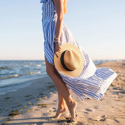 DRESHOW Women Straw Panama Hat Travel Fedora Beach Sun Hat Summer Wide Brim Straw Roll up Hat UPF 50+