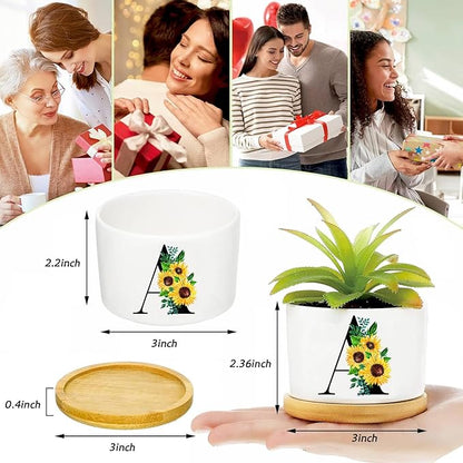 Sunflower Succulent Plant Pots 3 Inch Ceramic Cactus Flower Pots Personalized Initials E Sunflower Gifts for Women Mom Sister,Birthday Housewarming,Wedding,Window Garden Desk Decor