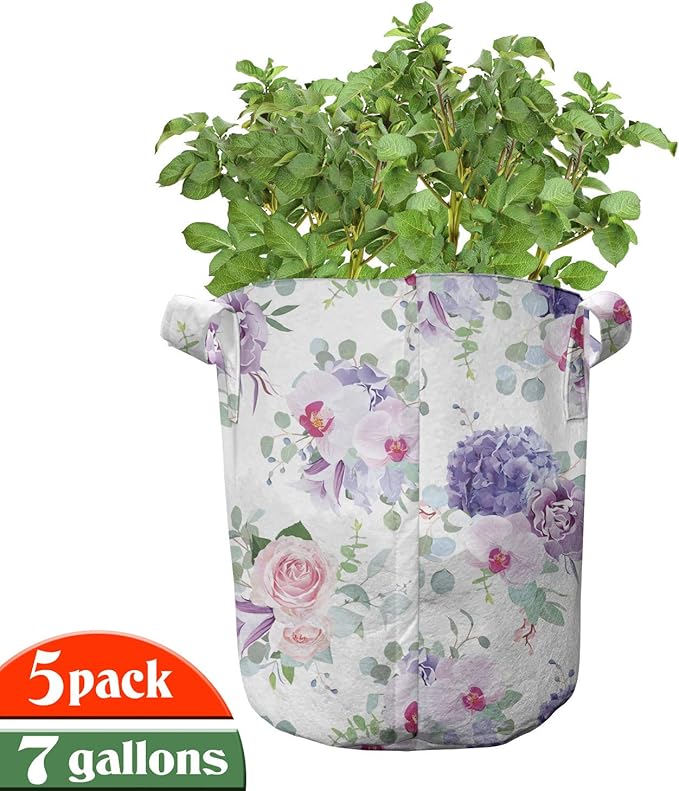 Ambesonne Floral Grow Bags 5-Pack, Roses Orchids and Carnations, Heavyduty Fabric Pots with Handles for Plants, Blue Pink