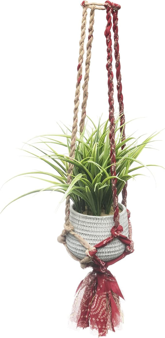 Matr Boomie Upcycled Assorted Muliticolor Sari Fabric Macrame Plant Hanger Indoor Hanging Planter Basket with Tassels for Indoor Outdoor Boho Home Decor 24 Inch, Holds 6" Pot (Pot not Included)