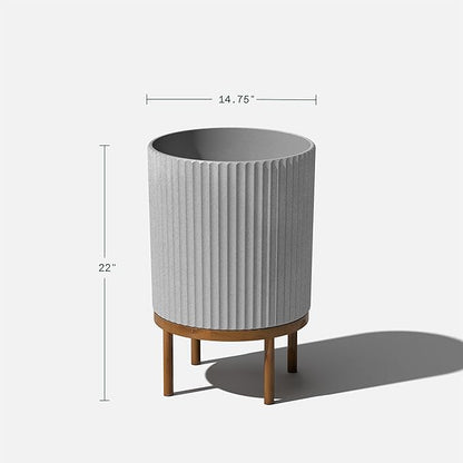 Veradek Demi Series Round Planter w/Stand for Porch/Patio | Durable Plastic-Stone Composite & Wooden Stand | Modern Décor for Tall Plants, Flowers