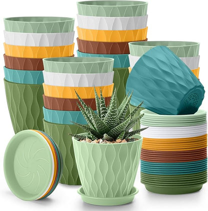 24 Pack 4 Inch Plant Pots Bulk Small Pots for Succulents Waffle Texture Plastic Planter with Drainage Holes and Saucers for Indoor Outdoor Plants Flowers, Seedlings (Multiple Colors)
