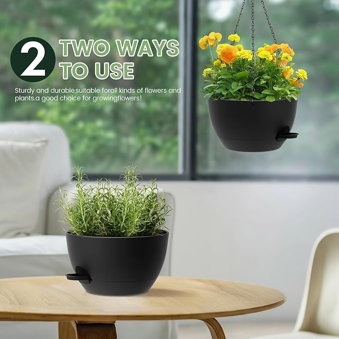 2 Pack 12 Hanging Flower Pots with Chains Self Watering Plastic Planters for Indoor Outdoor Plants, Sturdy Triangular Iron Chain Design for Garden PorchPlastic Hanging Flower pots (2, Black)
