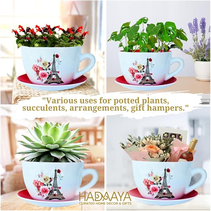 7.5" Ceramic Teacup Planter Pot with Saucer | Ideal for Succulents, Orchids, Herbs & Flowers | Indoor & Outdoor Use for Valentines Day Gift - RED - Paris Eiffel Tower