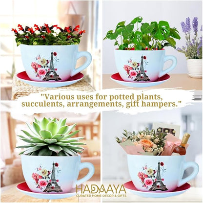 7.5" Ceramic Teacup Planter Pot with Saucer | Ideal for Succulents, Orchids, Herbs & Flowers | Indoor & Outdoor Use for Valentines Day Gift - RED - Paris Eiffel Tower
